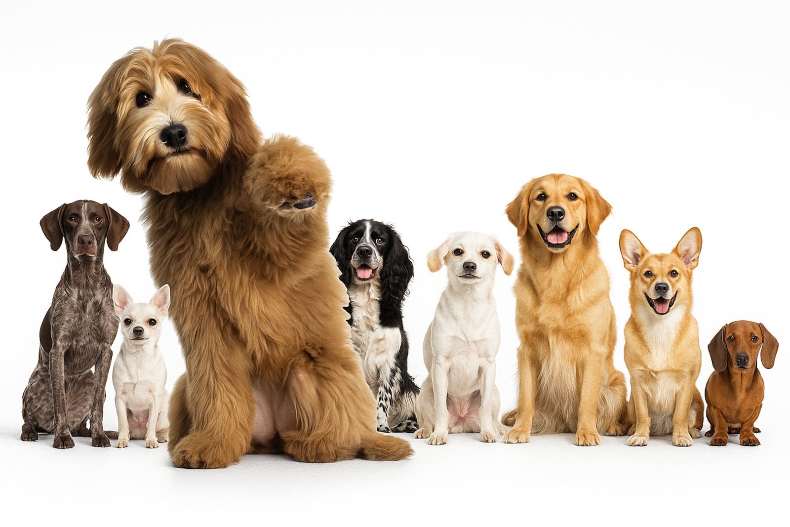 A lineup of eight dogs of different breeds and sizes on a plain white background, the largest front and centre with a paw raised.