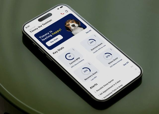 Phone showing the pro4labs app: a dog profile for Timmy the Toolman with key stats for current BPM, exercise, recovery and stress, and a list of alerts.